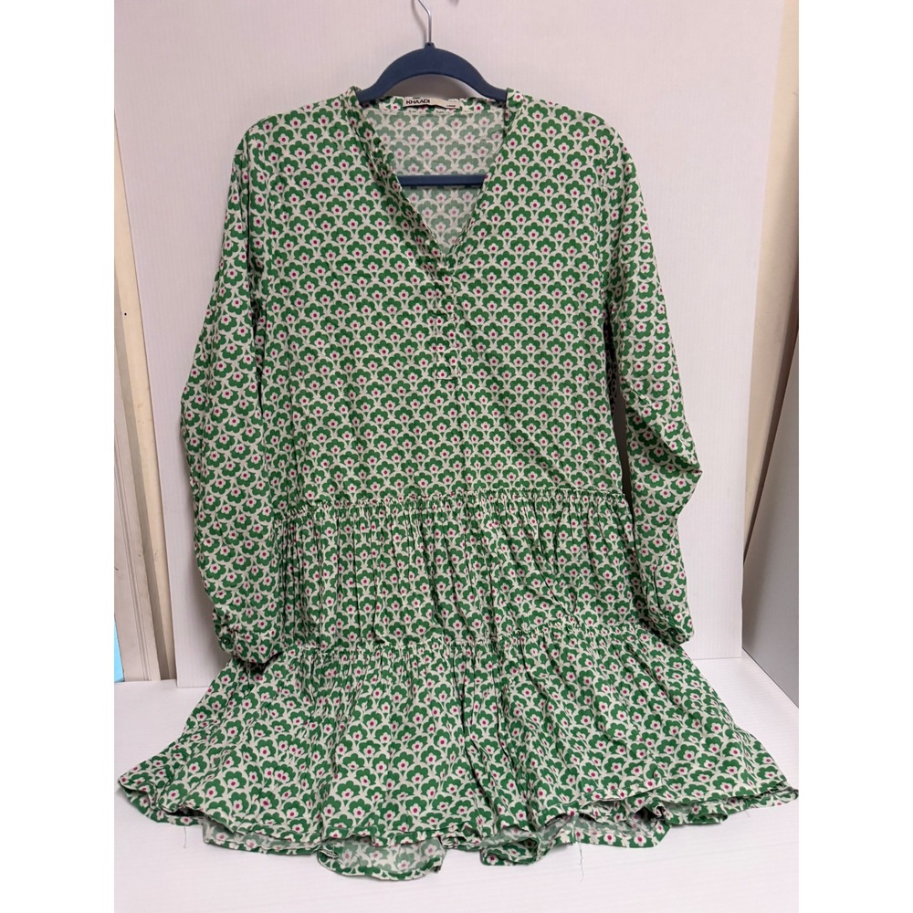 Khaadi Green Floral Tiered Mini Dress Long Sleeve Split V-Neck Size Large